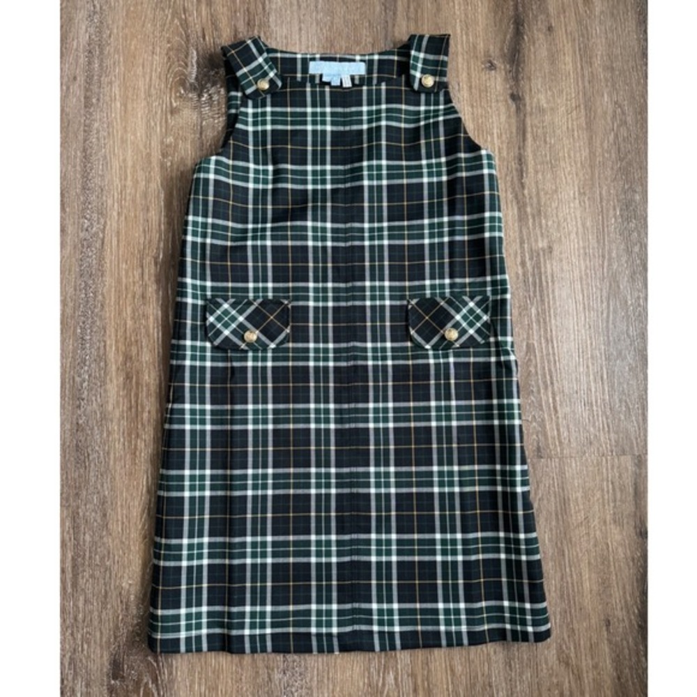 Hill House The Tiny Harris Girls Plaid Dress‎ Green White Gold Buttons Size 7/8Y